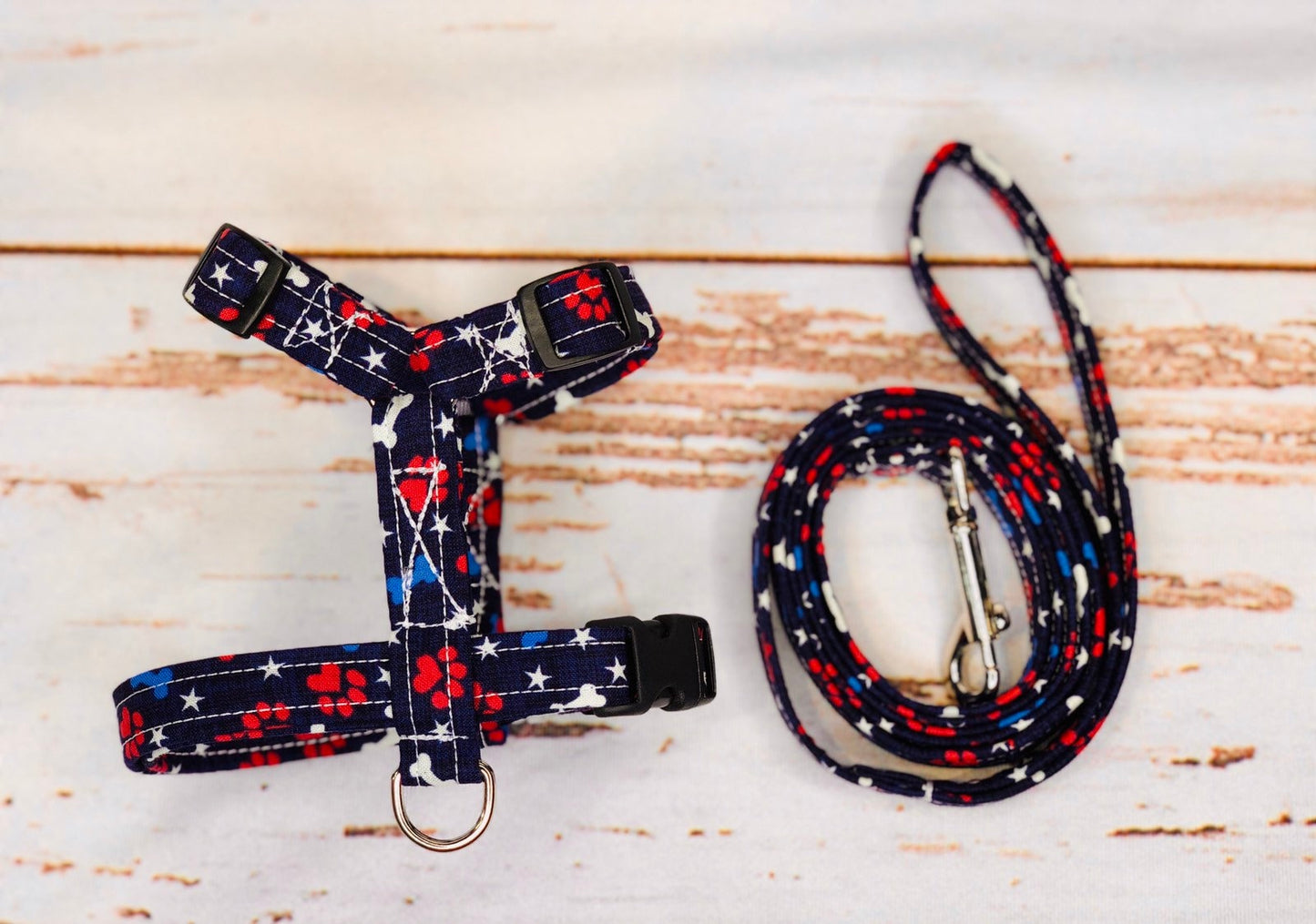 Dog harness, Harness and leash, step in harness, standard harness, dog harness set, patriotic, paw print, red white and blue, stars, paws
