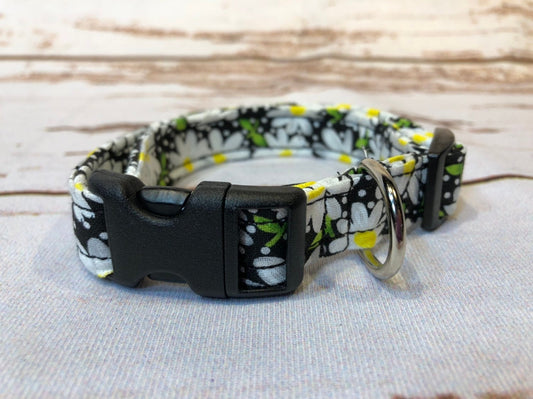 Daisy dog collar, black dog collar, girl dog collar, side release collar, fabric dog collar, adjustable collar, washable, daisy, black, dog