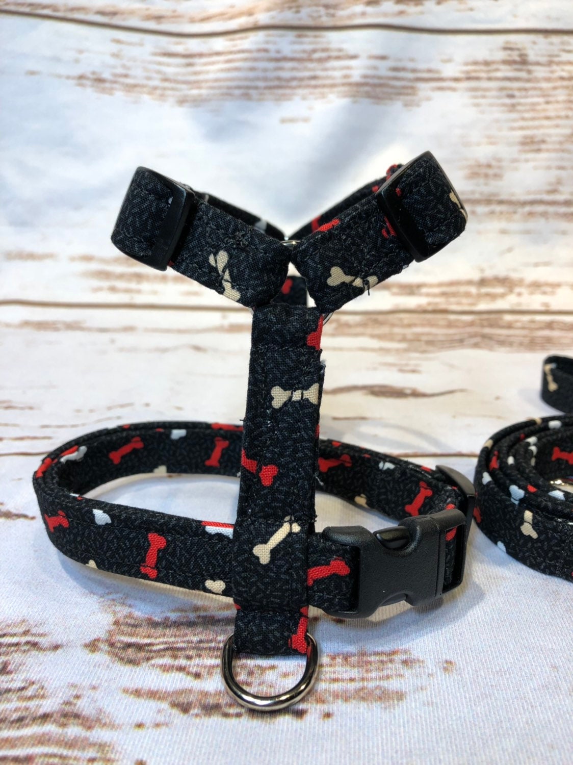 Dog harness, Harness and leash, step in harness, standard harness, adjustable harness, leash,  boy dog harness, bones on black, bone print