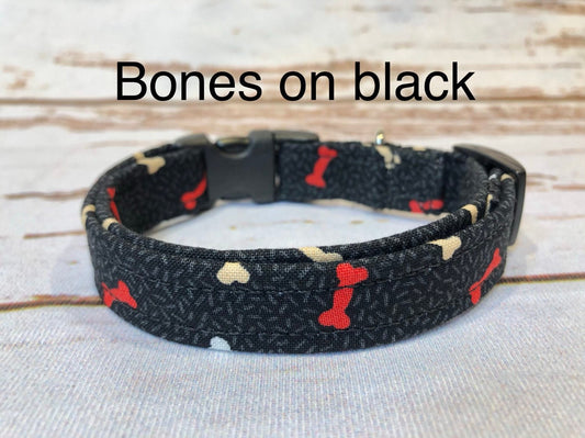 Dog Collar, boy dog collar, girl dog collar, martingale collar, adjustable collar, Buckle dog collar, bones, black collar, bones on black