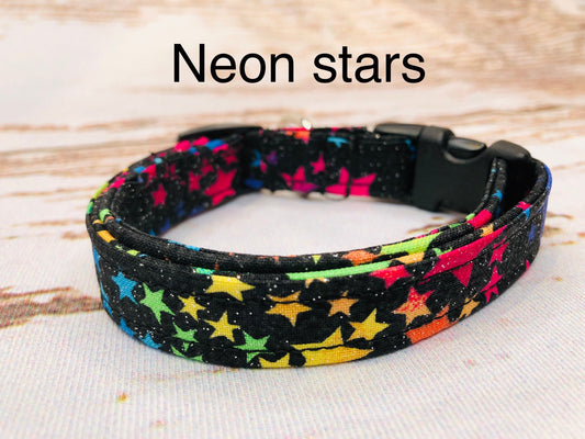 Dog Collar, girl dog collar, neon stars dog collar, adjustable collar, buckle dog collar, martingale, nylon, female dog collar, neon stars
