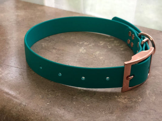 Biothane dog collar, teal dog collar, dog collar, buckle dog collar, waterproof collar, teal, rose gold hardware, unisex dog collar
