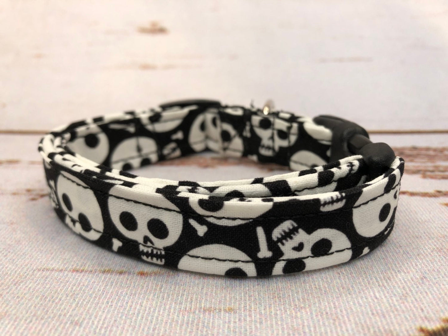 Glow in the dark skull dog collar, funny dog collar, skulls, adjustable, washable, side release collar, black, white, glow in the dark green