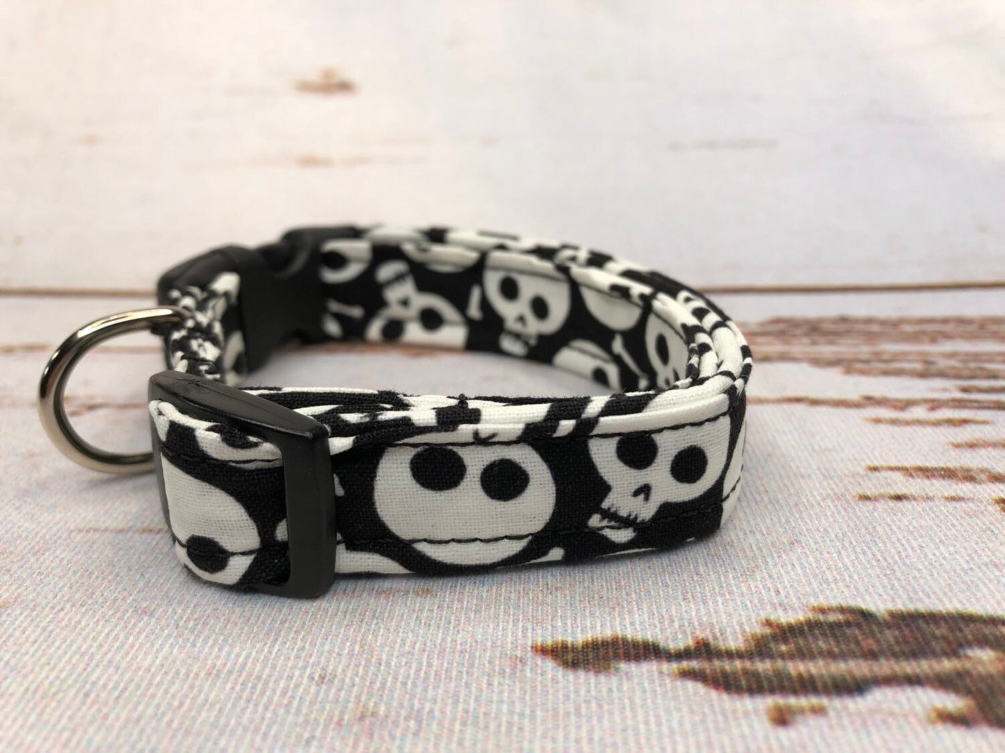 Glow in the dark skull dog collar, funny dog collar, skulls, adjustable, washable, side release collar, black, white, glow in the dark green
