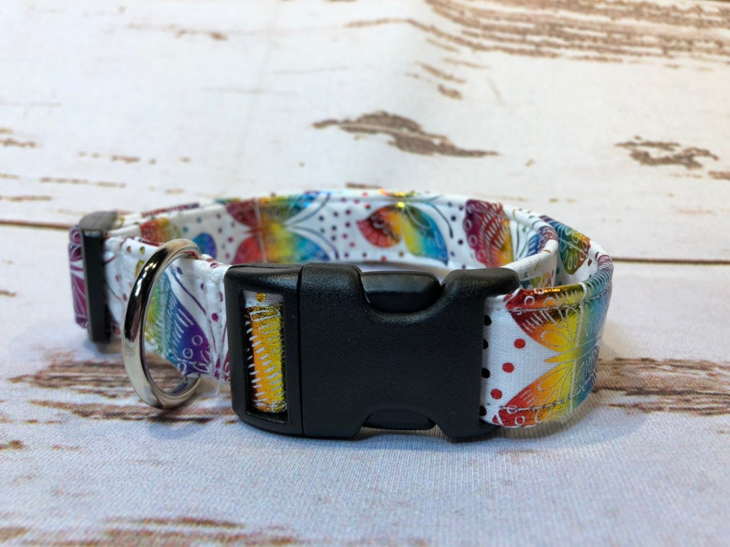 Butterfly dog collar, rainbow foil butterflies, side release dog collar, adjustable collar, fabric dog collar, white, butterflies, washable