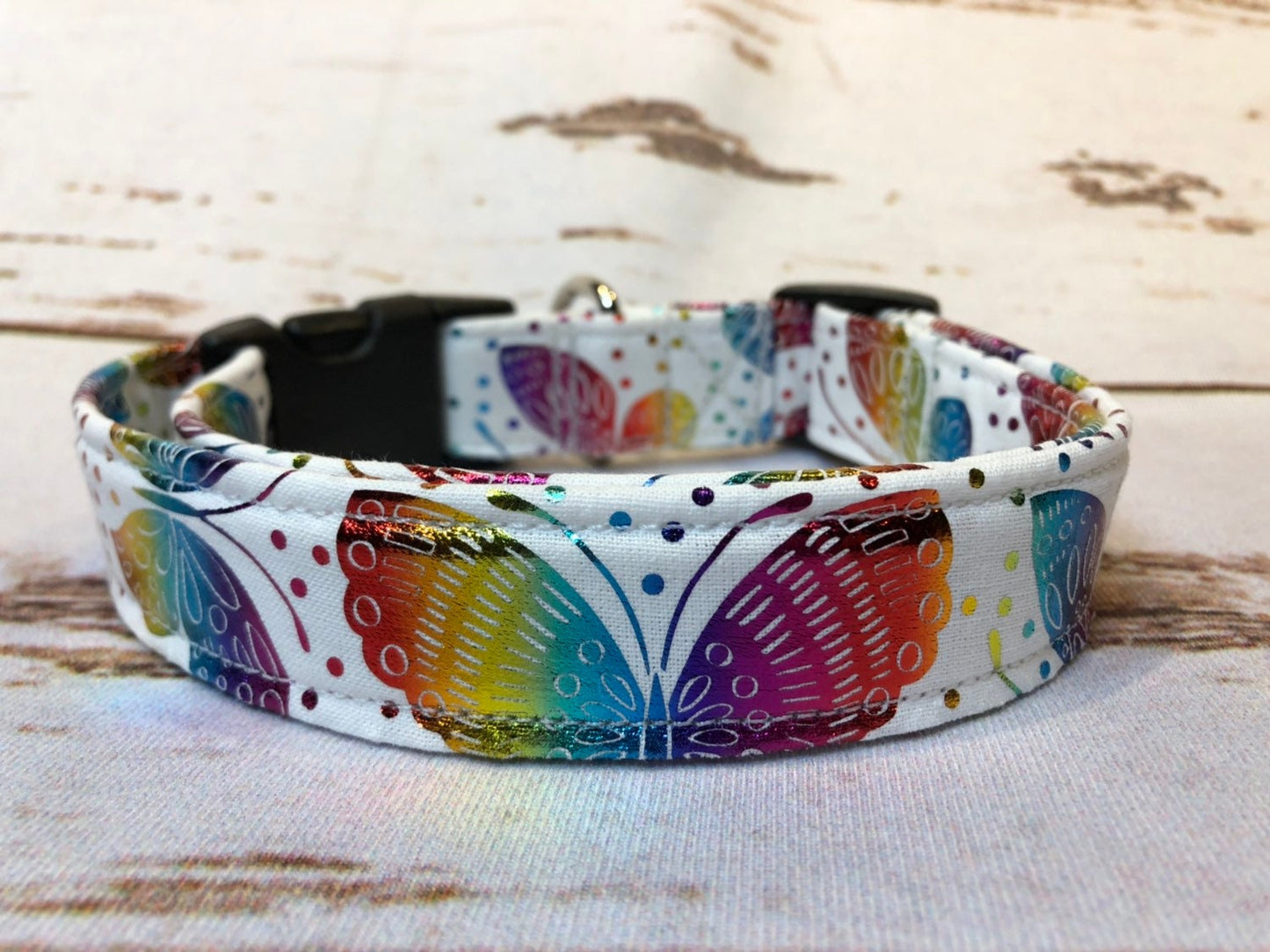 Butterfly dog collar, rainbow foil butterflies, side release dog collar, adjustable collar, fabric dog collar, white, butterflies, washable