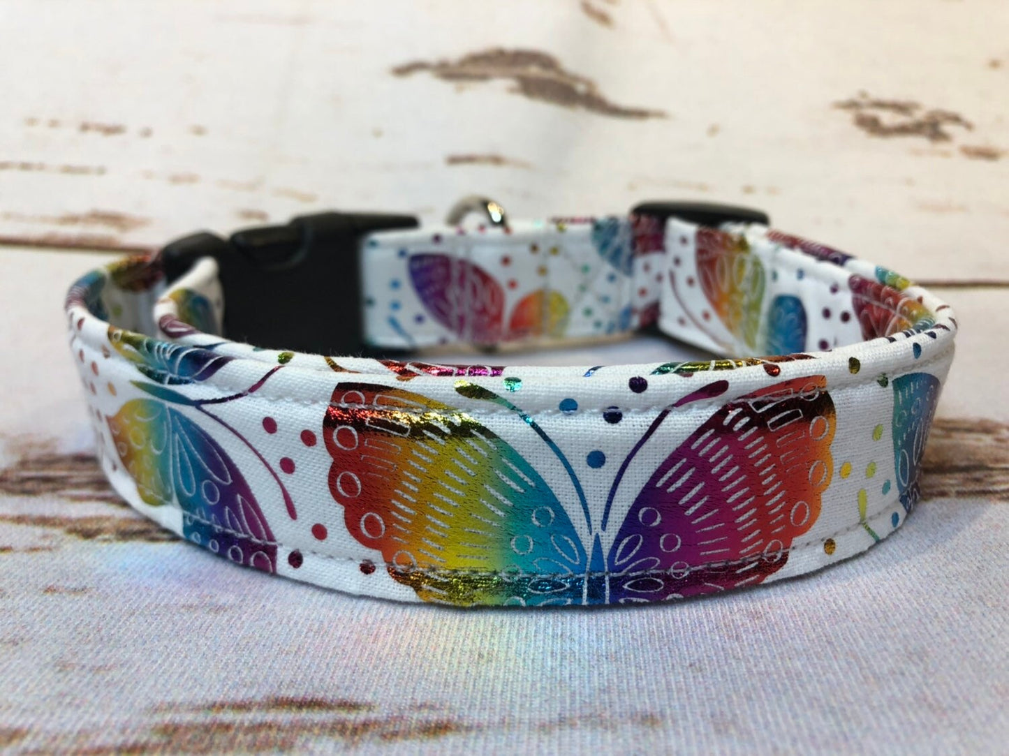 Butterfly dog collar, rainbow foil butterflies, side release dog collar, adjustable collar, fabric dog collar, white, butterflies, washable