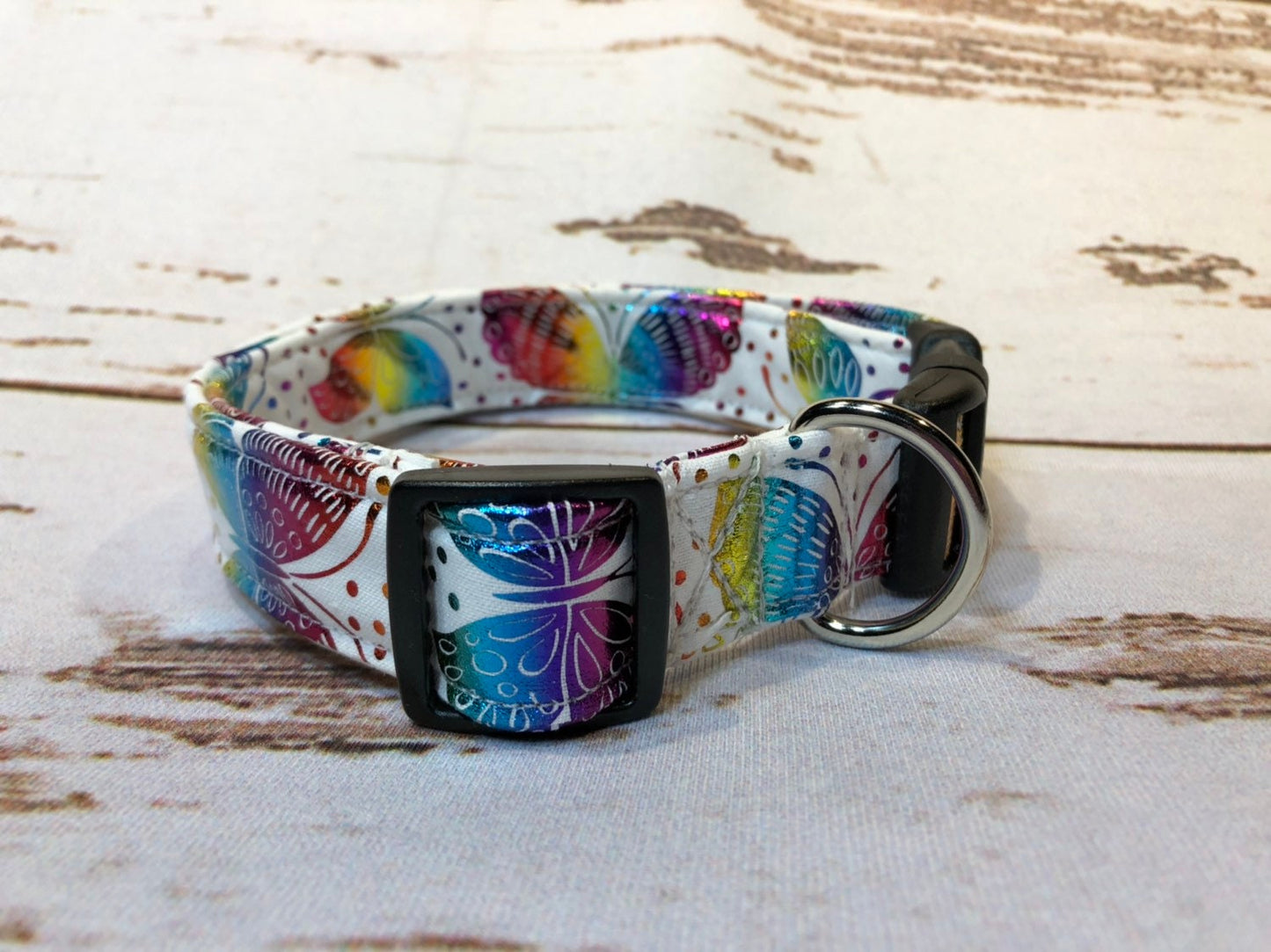Butterfly dog collar, rainbow foil butterflies, side release dog collar, adjustable collar, fabric dog collar, white, butterflies, washable