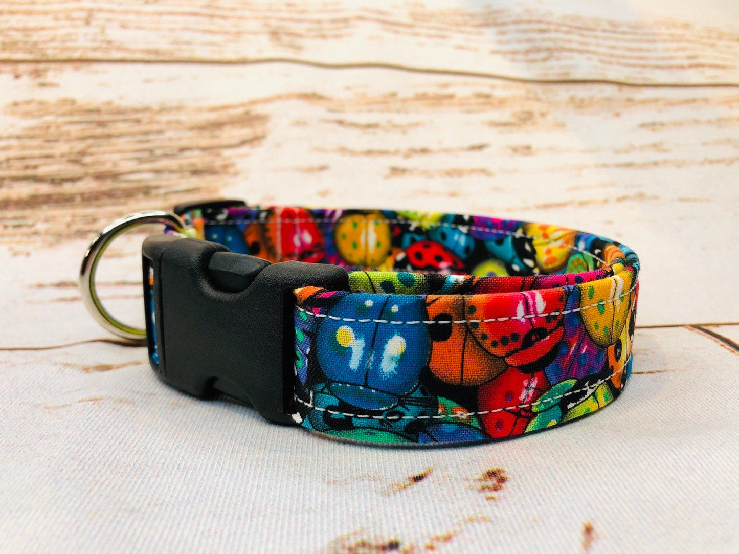Lady bug dog collar, colorful dog collar, adjustable collar, side release dog collar, fabric dog collar, lady bugs, rainbow, washable collar