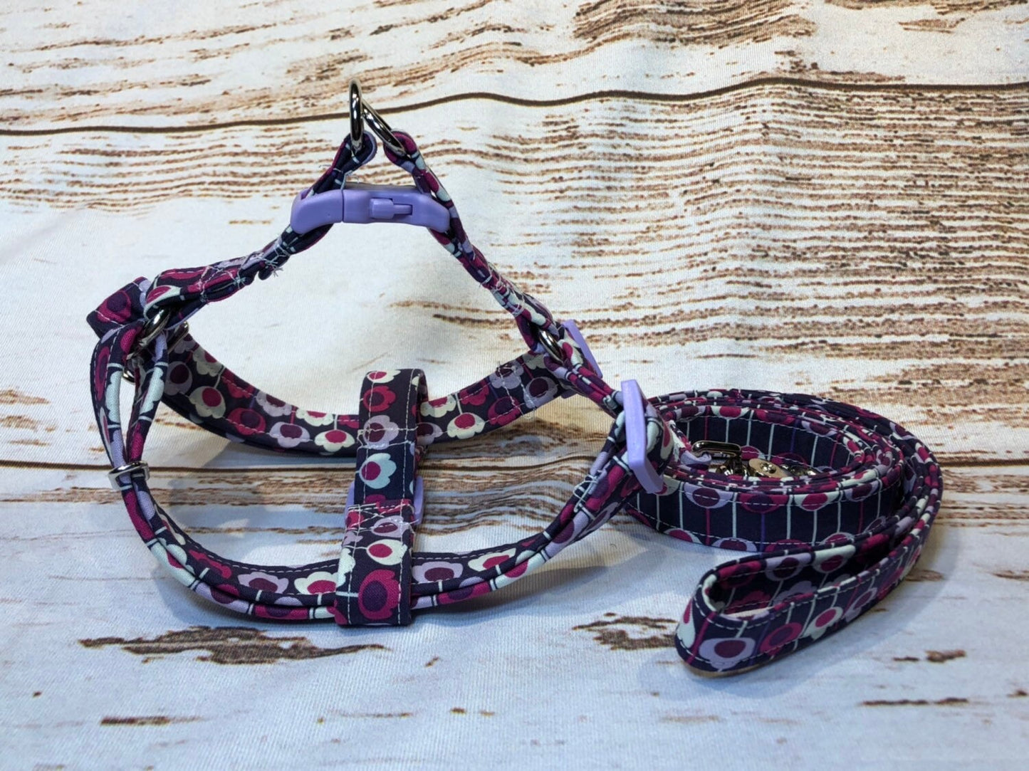 Dog harness, Harness and leash, step in harness, standard harness, dog harness set, adjustable harness, floral dog harness, tulips, purple