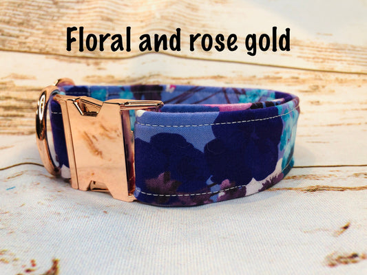 Purple floral dog collar, rose gold dog collar, girl dog collar, side release, adjustable collar, washable collar, purple, floral, girl dog