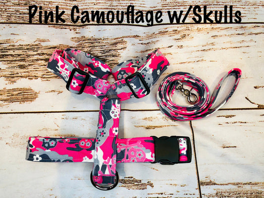 Dog harness, Harness and leash, step in harness, standard harness, dog halter, harness and leash set, dog halter, pink camouflage, skulls
