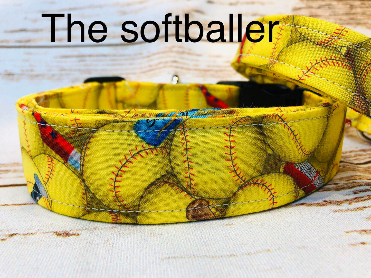 Softball dog collar, yellow, softballs, side release collar, fabric dog collar, adjustable collar, washable, unisex, female, softball team