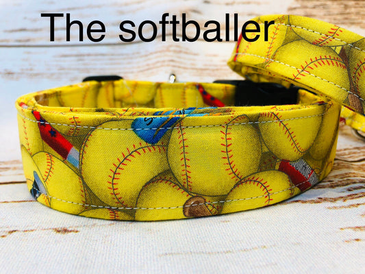 Softball dog collar, yellow, softballs, side release collar, fabric dog collar, adjustable collar, washable, unisex, female, softball team