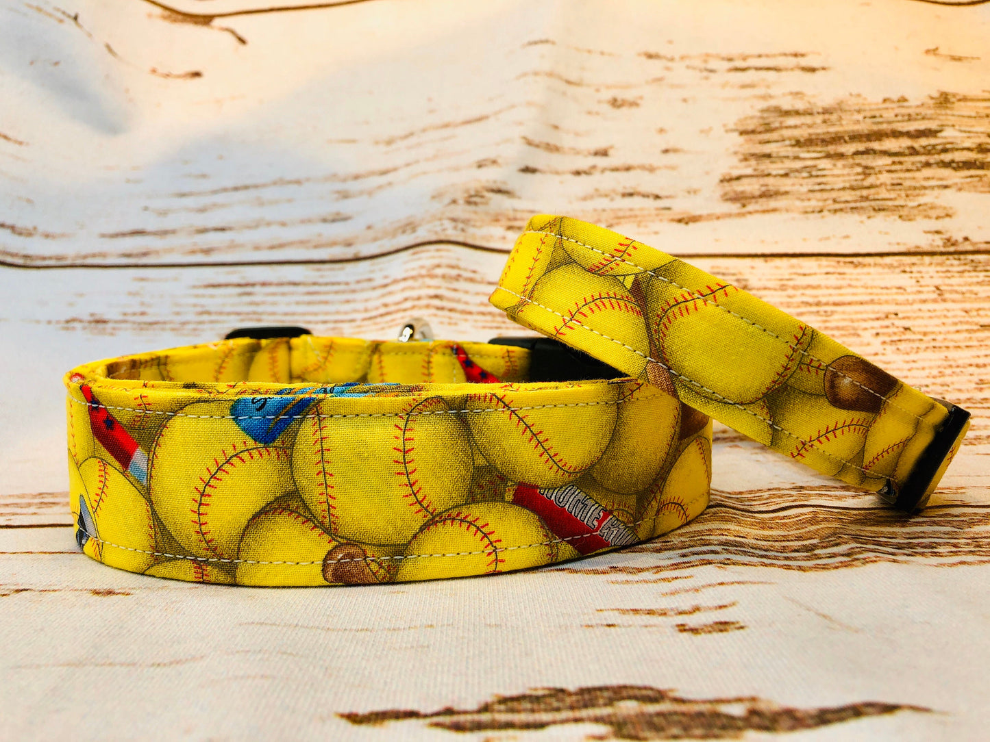 Softball dog collar, yellow, softballs, side release collar, fabric dog collar, adjustable collar, washable, unisex, female, softball team