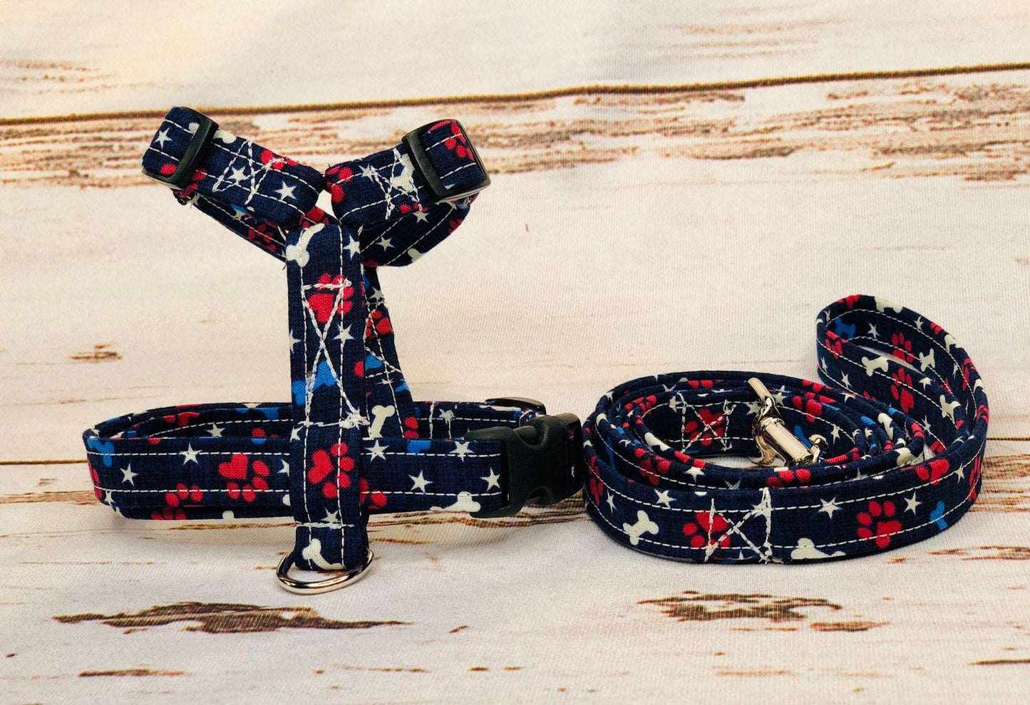 Dog harness, Harness and leash, step in harness, standard harness, dog harness set, patriotic, paw print, red white and blue, stars, paws