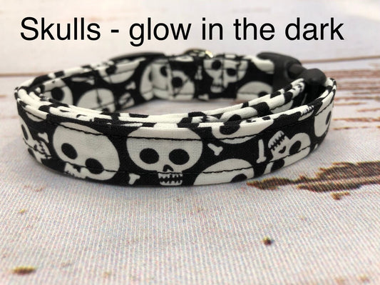 Glow in the dark skull dog collar, funny dog collar, skulls, adjustable, washable, side release collar, black, white, glow in the dark green