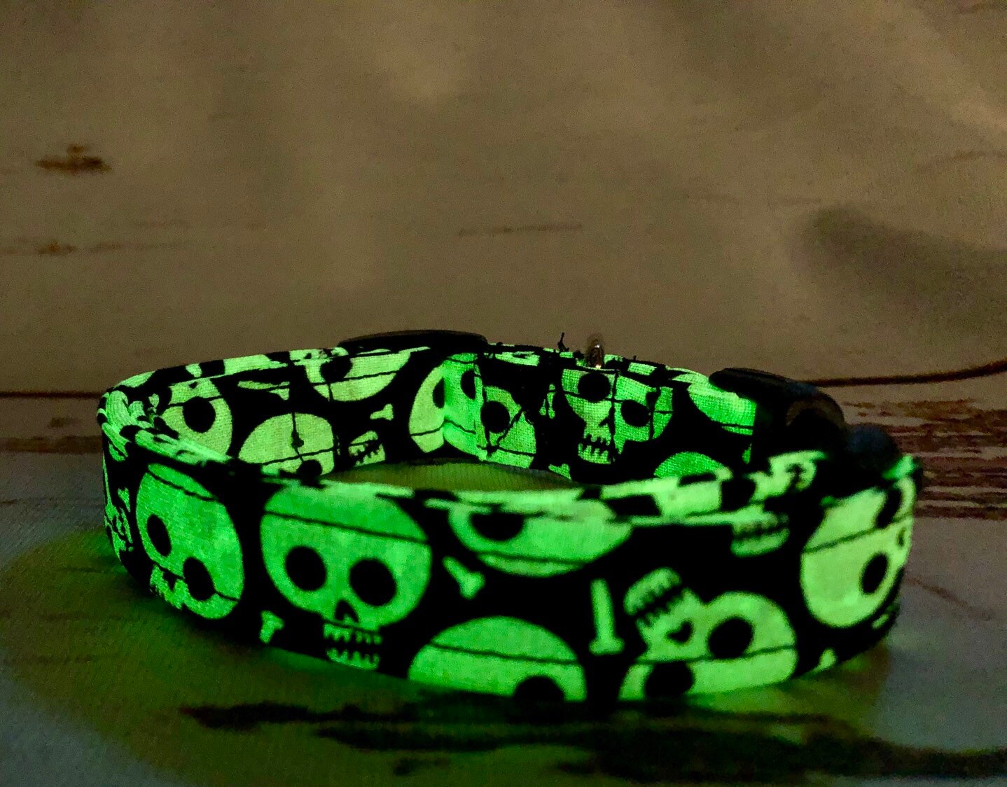 Glow in the dark skull dog collar, funny dog collar, skulls, adjustable, washable, side release collar, black, white, glow in the dark green
