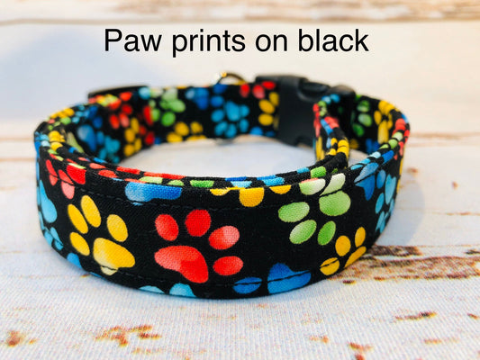 Paw print dog collar, adjustable dog collar, washable collar, side release collar, paw prints, dog paws, black dog collar, eco friendly