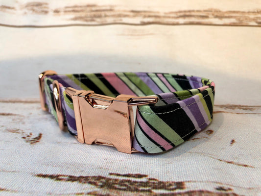 Dog Collar, adjustable collar, side release collar, rose gold buckle, stripe dog collar, rose gold hardware, washable collar, striped collar