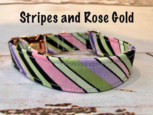 Dog Collar, adjustable collar, side release collar, rose gold buckle, stripe dog collar, rose gold hardware, washable collar, striped collar