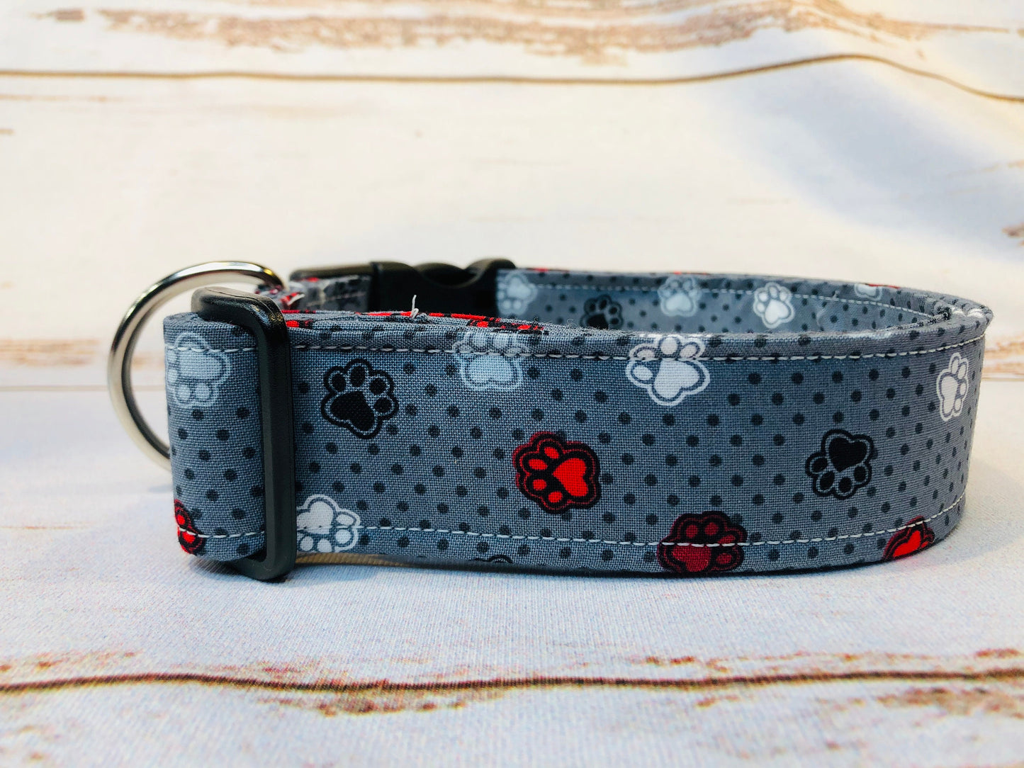 Paws dog collar, gray dog collar, boy dog collar, adjustable collar, washable collar, side release collar, gray, red, white, dog paws, boy