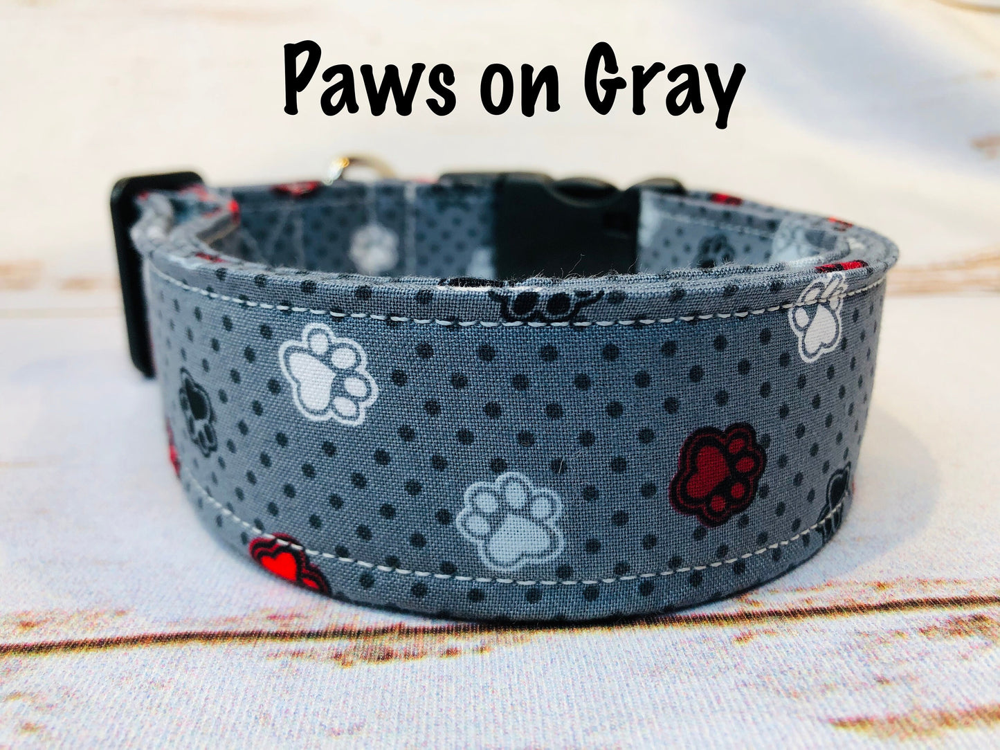Paws dog collar, gray dog collar, boy dog collar, adjustable collar, washable collar, side release collar, gray, red, white, dog paws, boy