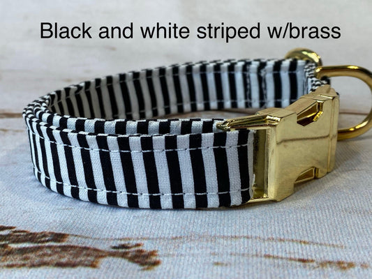 Black and white striped dog collar, dog collar, adjustable collar, washable collar, side release collar, brass hardware, fabric dog collar