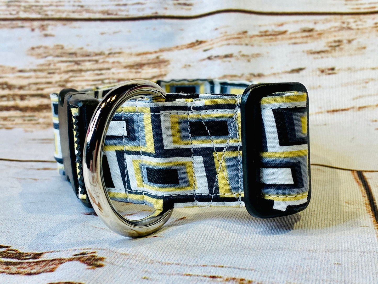Dog collar, geometric print, gold, gray, black, side release collar, adjustable dog collar, fabric dog collar, unisex, washable collar, dog
