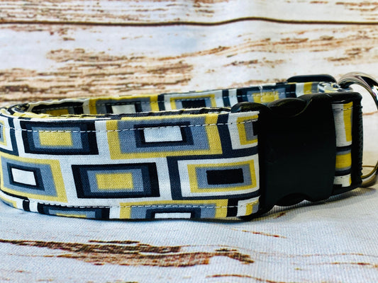 Dog collar, geometric print, gold, gray, black, side release collar, adjustable dog collar, fabric dog collar, unisex, washable collar, dog