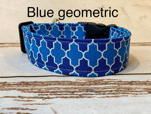 Blue dog collar, boy dog collar, fabric dog collar, washable, side release collar, adjustable dog collar, geometric, blue, white, navy blue