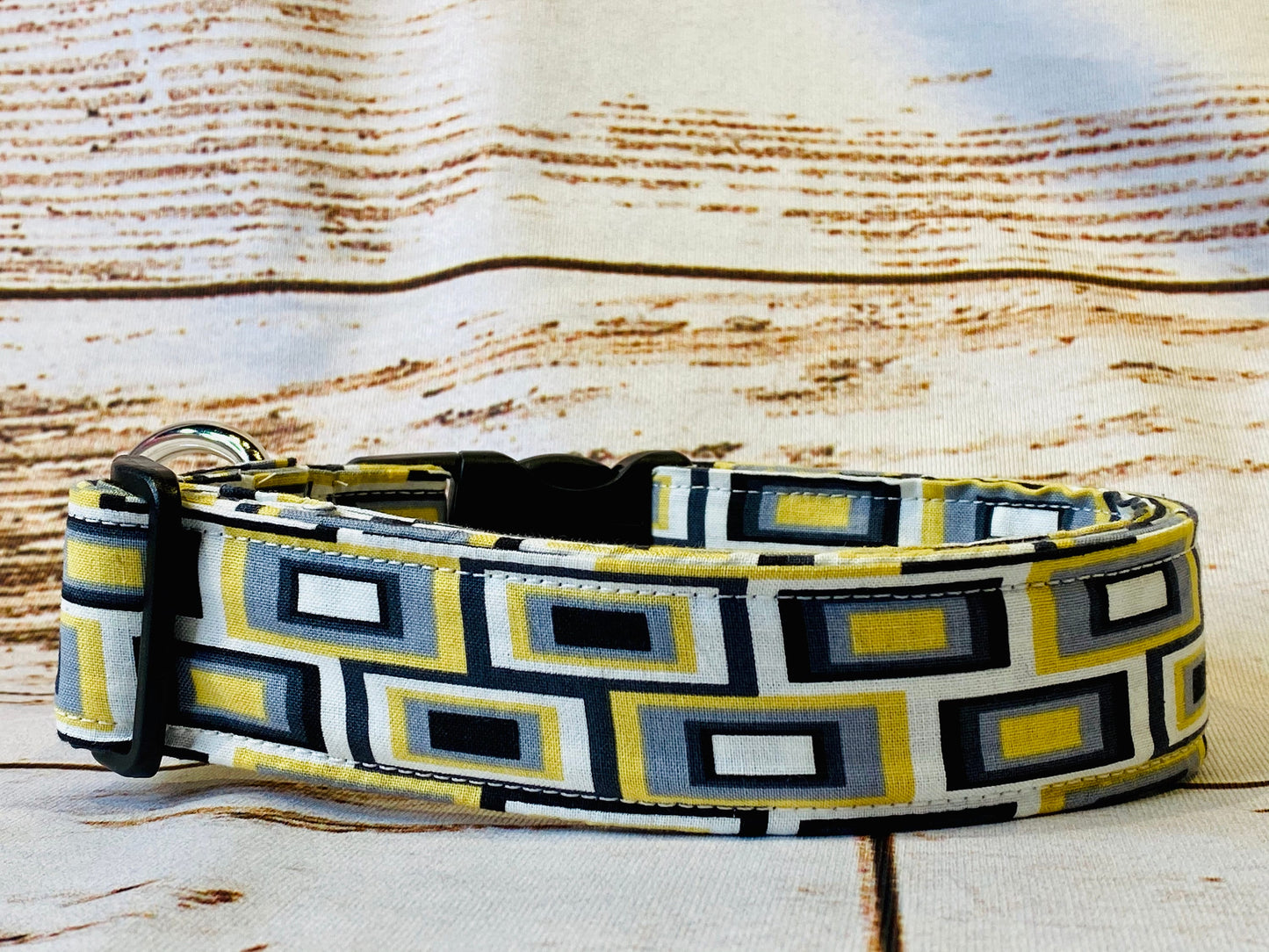 Dog collar, geometric print, gold, gray, black, side release collar, adjustable dog collar, fabric dog collar, unisex, washable collar, dog
