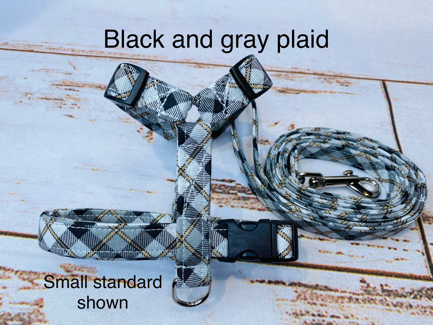 Dog harness, Harness and leash set, matching leash, step in harness, standard harness, plaid dog harness, black and gray plaid, plaid