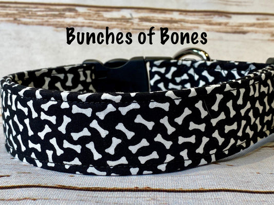 Bone dog collar, dog bones, black dog collar, adjustable collar, fabric dog collar, side release collar, washable collar, eco friendly