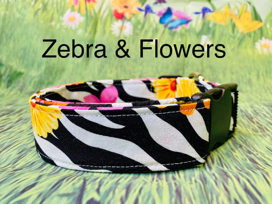 Dog Collar, girl dog collar, zebra dog collar, adjustable collar, buckle dog collar, zebra dog collar, floral dog collar, zebra, flowers