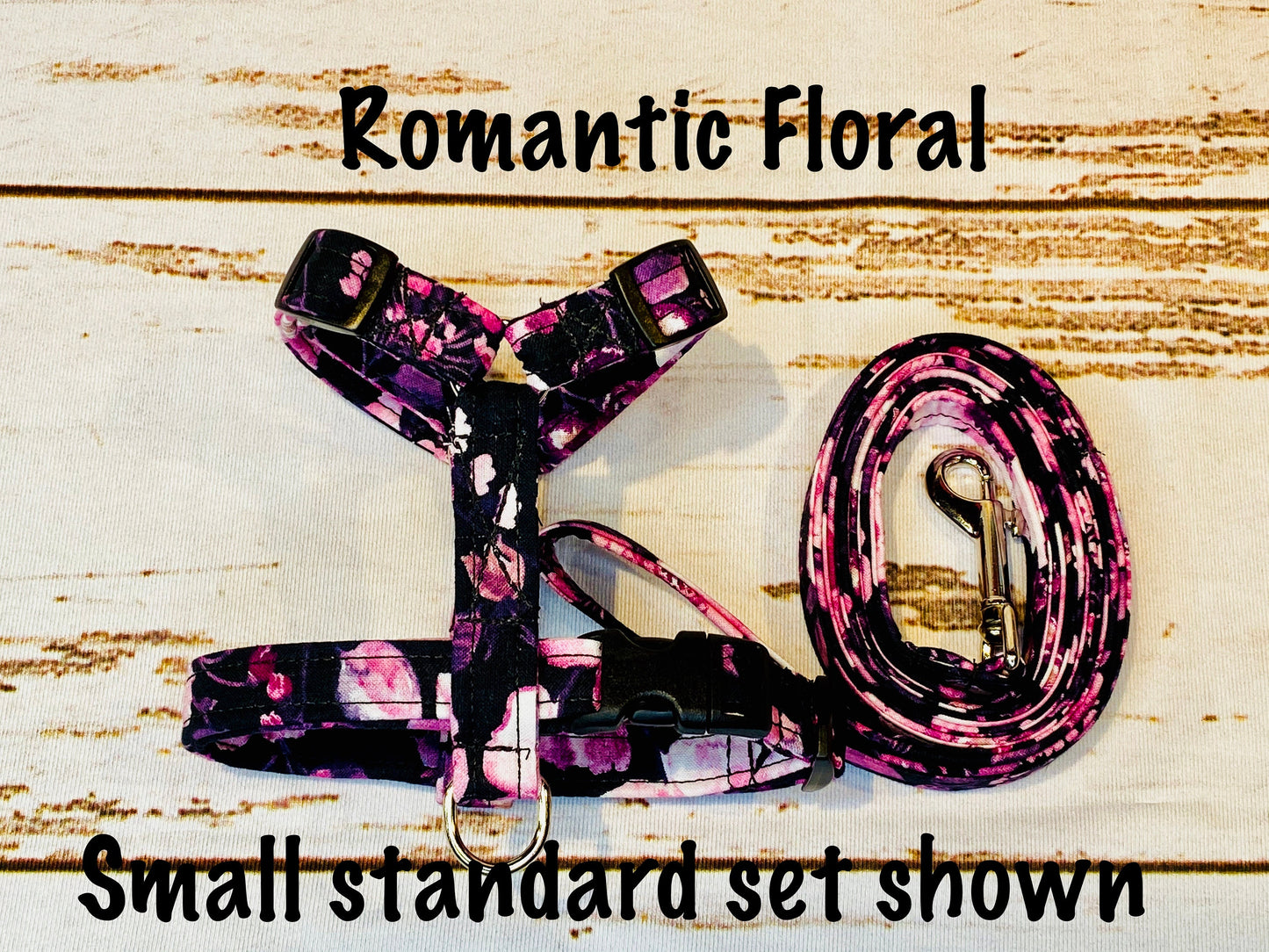 Dog harness, Harness and leash, step in harness, standard harness, dog leash, dog harness set, floral, pink flowers, black harness,