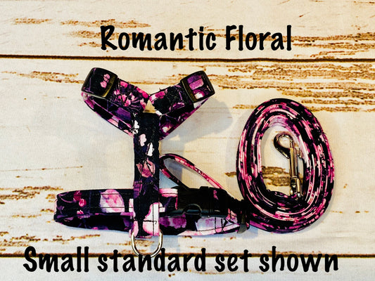Dog harness, Harness and leash, step in harness, standard harness, dog leash, dog harness set, floral, pink flowers, black harness,