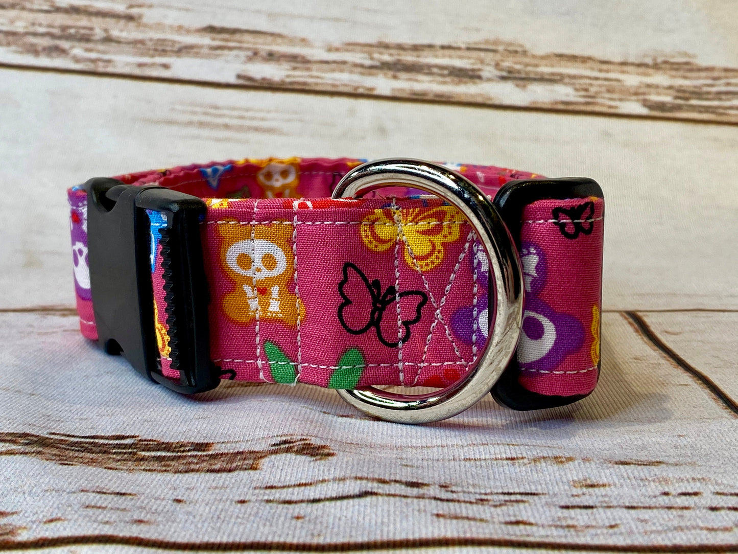 Dog Collar, female dog collar, skull dog collar, adjustable collar, buckle dog collar, martingale, nylon, butterfly dog collar, pink, skull