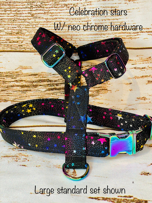 Dog harness, Harness and leash, step in harness, standard harness, dog harness set, Neo chrome hardware, celebration stars, rainbow hardware