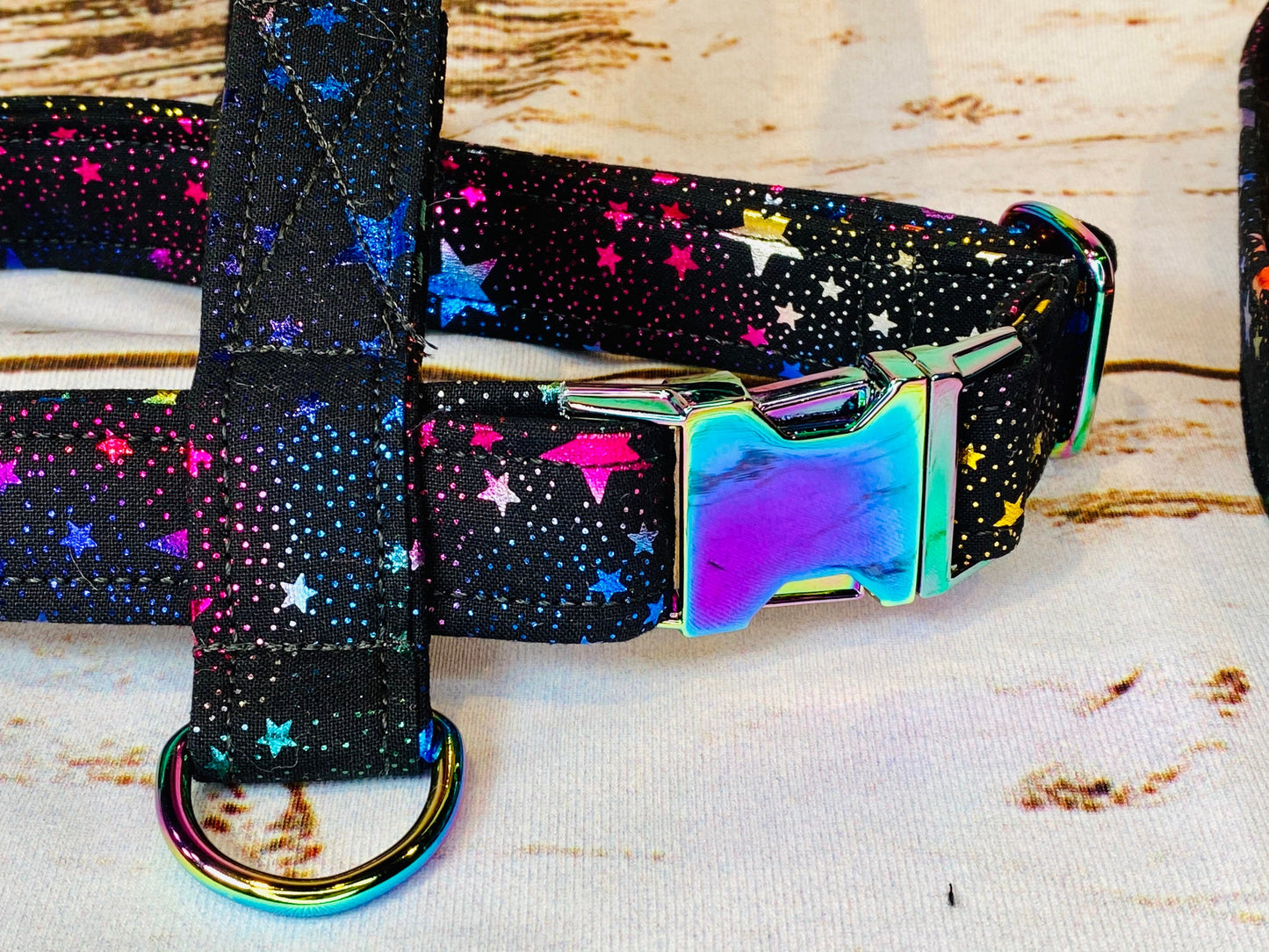 Dog harness, Harness and leash, step in harness, standard harness, dog harness set, Neo chrome hardware, celebration stars, rainbow hardware