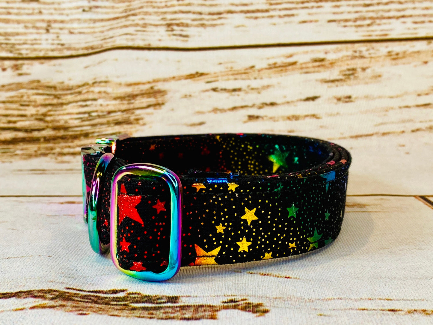 Dog Collar, adjustable dog collar, star dog collar, metal buckle, neo chrome, buckle dog collar, rainbow hardware, celebration stars