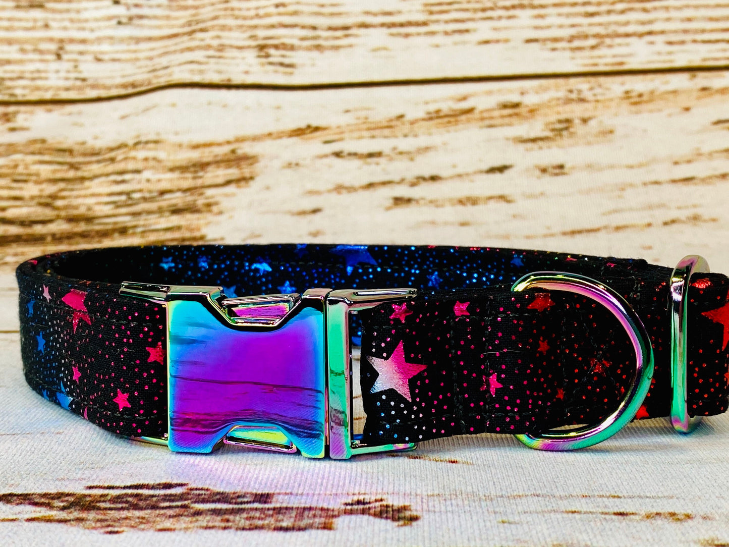 Dog Collar, adjustable dog collar, star dog collar, metal buckle, neo chrome, buckle dog collar, rainbow hardware, celebration stars