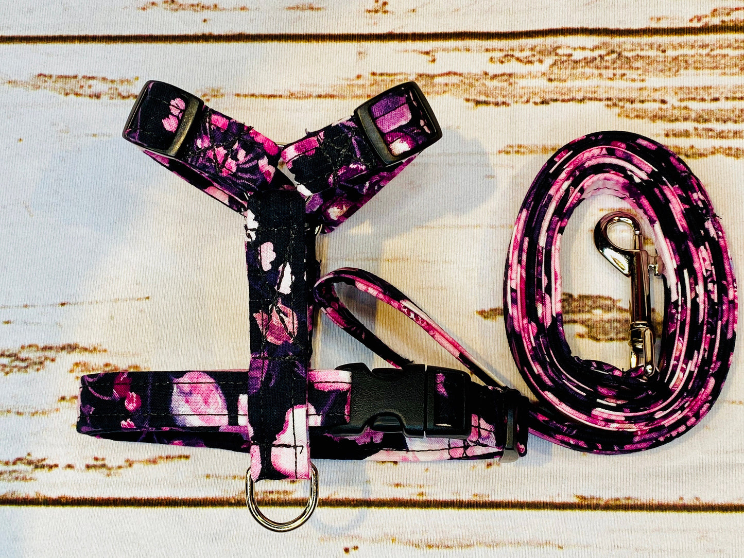 Dog harness, Harness and leash, step in harness, standard harness, dog leash, dog harness set, floral, pink flowers, black harness,