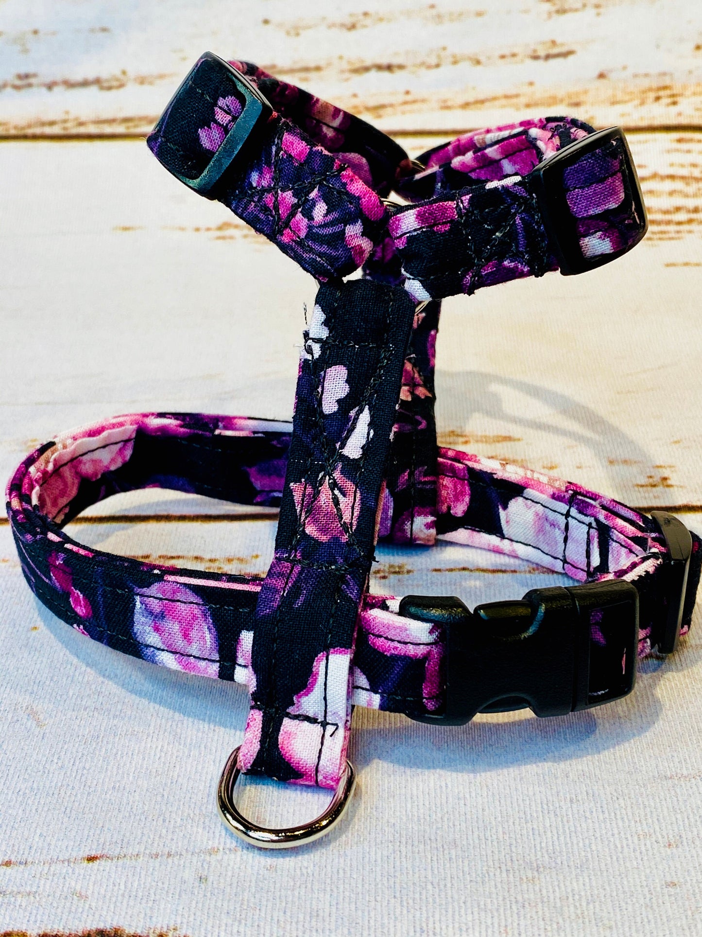 Dog harness, Harness and leash, step in harness, standard harness, dog leash, dog harness set, floral, pink flowers, black harness,