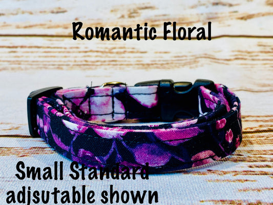 Floral dog collar, fuchsia pink floral, adjustable collar, washable collar, side release collar, eco friendly, black, pink, pink flowers