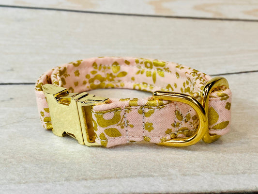 Blush floral dog collar, brass dog collar, side release collar, adjustable collar, brass hardware, blush pink, washable, girl dog collar
