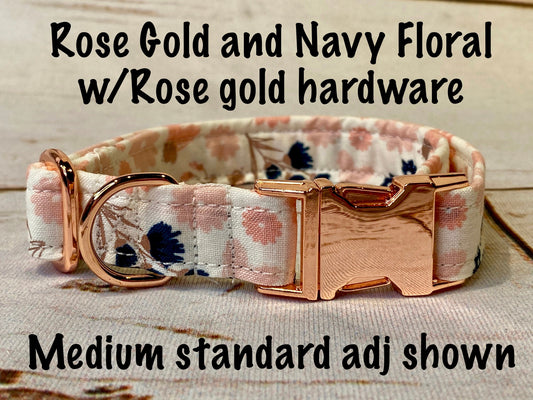 Rose gold and floral dog collar, rose gold hardware, adjustable, washable, eco friendly collar, dog collar girl, fabric dog collar, floral