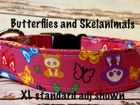Dog Collar, female dog collar, skull dog collar, adjustable collar, buckle dog collar, martingale, nylon, butterfly dog collar, pink, skull