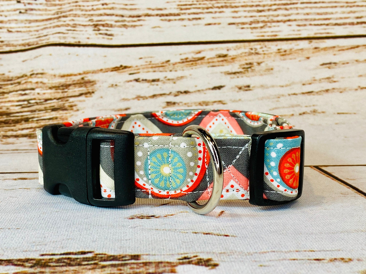 Dog Collar, dog collar girl, dog collar boy, martingale collar, adjustable collar, buckle dog collar, geometric print, gray, orange, teal