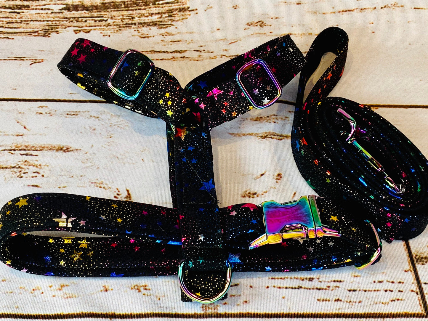 Dog harness, Harness and leash, step in harness, standard harness, dog harness set, Neo chrome hardware, celebration stars, rainbow hardware